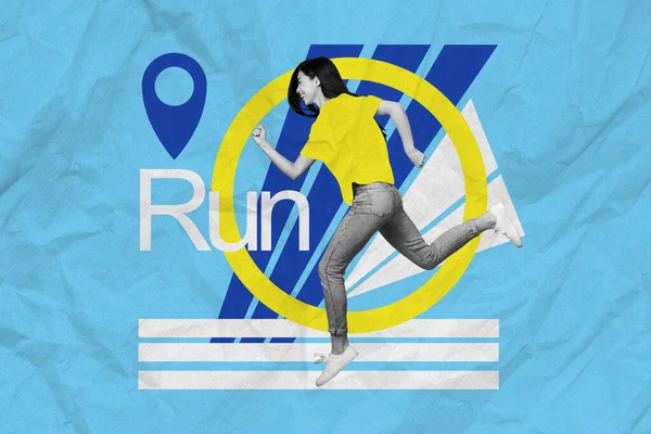 Artwork Magazine Collage Picture Purposeful Lady Running Achieving Aim Isolated — Stock Photo, Image