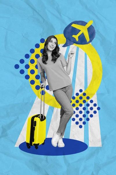 Vertical Creative Photo Positive Excited Woman Collects Suitcase Directing Plane — Stock Photo, Image