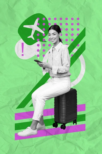 Vertical Creative Abstract Photo Happy Nice Woman Sitting Valise Order — Stock Photo, Image