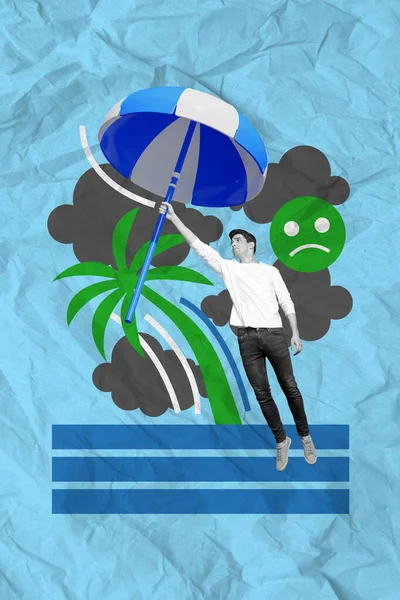 Függőleges Kreatív Absztrakt Illusztráció Fotó Szomorú Ideges Fiatalember Tartsa Esernyő — Stock Fotó