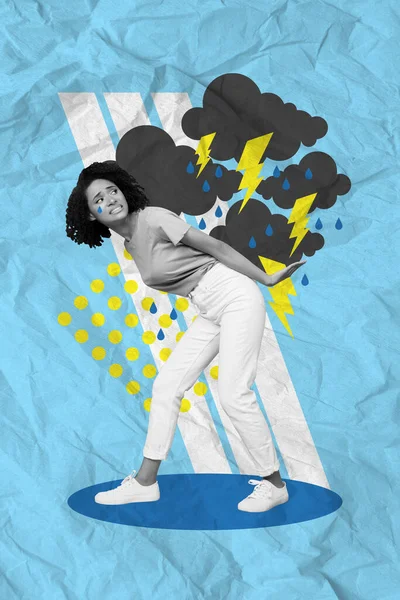 不幸なストレスを受けた女性の垂直創造的な抽象的なイラスト写真悪天候を引く隔離された青の色の紙の背景 — ストック写真