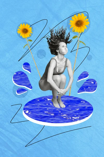 垂直蓝色拼图艺术画面勇敢自信的女孩跳水动作快抢救生命隔离的绘画背景 — 图库照片