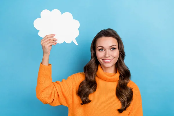 stock image Photo of positive lady holding paper poster telling saying idea dialog message isolated on blue color background.