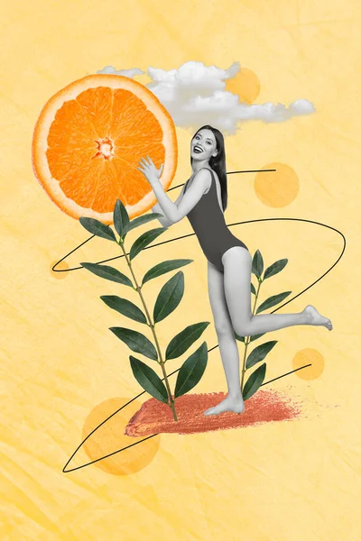 소녀가 콜라주 이미지 포스터에 오렌지 커다란 조각이 고립된 배경을 시간을 — 스톡 사진