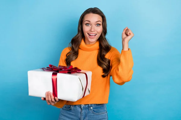 Photo Positive Cheerful Lady Hold Gift Box Fist Win Festive — Stock Photo, Image