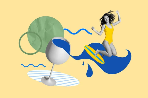 Template Magazin Collage Von Sportlichen Frauen Surfen Fangwelle Auf Blauem — Stockfoto