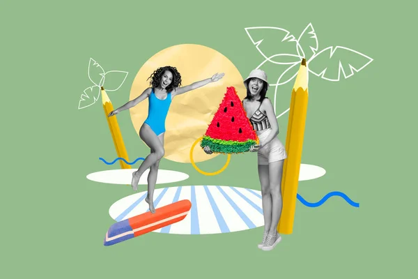 杂志图片模板拼贴的朋友女士画棕榈树梦想热带豪华度假胜地 — 图库照片