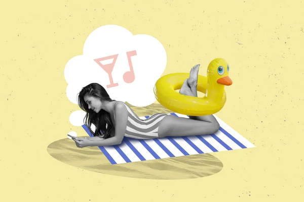 Magazin Bild Collage Vorlage Von Touristin Genießen Sonnenbaden Tropischen Strand — Stockfoto