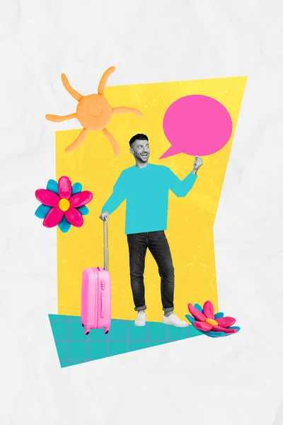 Creative Collage Tourist Man Hold Bubble Cloud Speech Advert New — Stock Photo, Image