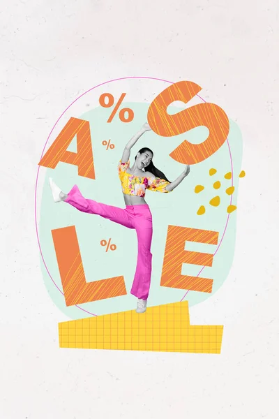 Vertikale Plakatwand Collage Von Unvorsichtigen Mädchen Halten Wort Verkauf Tanzen — Stockfoto