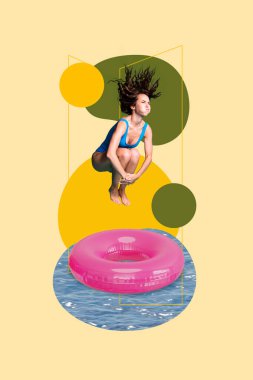 Colorful vertical photo collage young girl jumping into blue water pink circle float whole ocean sea have fun summer vacation. clipart