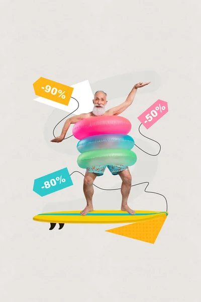 Colagem Composta Homem Sem Camisa Aposentado Usar Anéis Infláveis Triplos — Fotografia de Stock