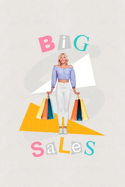 Collage Vertical Panneau Affichage Jeunes Sacs Tenue Shopaholic Fille Boutique — Photo
