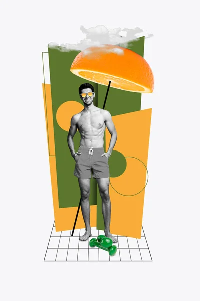 身穿防晒霜的年轻自信运动员的全身拼贴显示出他的躯干夏天冰冷可笑的橙色阳伞被白色背景隔离了 — 图库照片