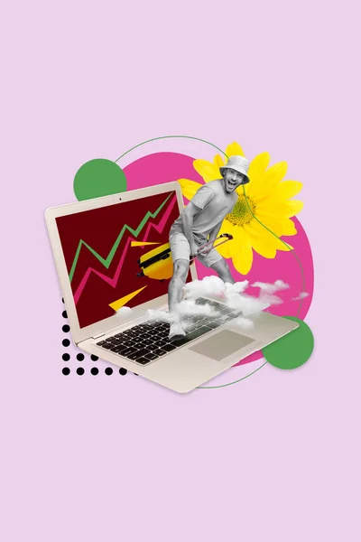 Collage Funky Young Guy Riding Bagaglio Laptop Display Freelance Trader — Foto Stock