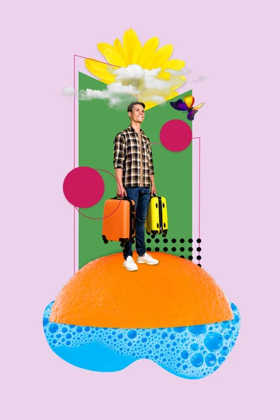 Kompozit Kollázs Kép Fiatal Elégedett Fickó Poggyász Táskák Érkezett Narancs — Stock Fotó