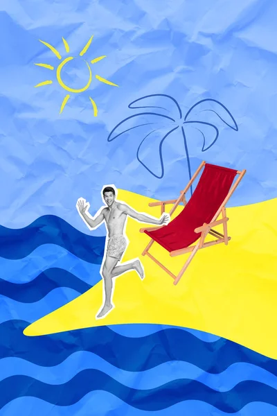 垂直有趣的图画拼图年轻英俊的小伙子跑进蓝色的海洋海水黄色的沙子彩色的背景 — 图库照片