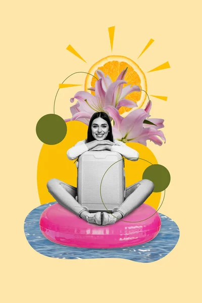 Colagem Composta Jovem Mulher Otimista Sentado Anel Inflável Borracha Natação — Fotografia de Stock