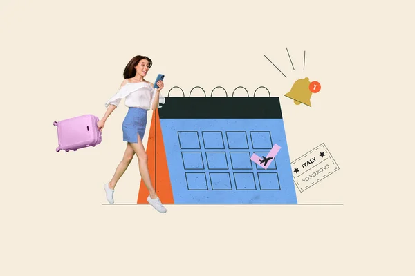Kreativní Koláž Obraz Mini Vzrušený Dívka Držet Kufr Použít Chytrý — Stock fotografie