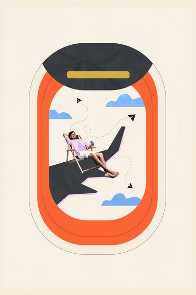 Verticale Collage Beeld Van Zorgeloze Mini Man Vliegtuig Venster Vleugel — Stockfoto