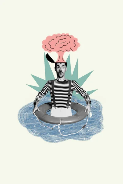 黒い白いガンマの縦コラージュ画像感動男は創造的な背景に隔離された安全水泳リング脳爆発頭を保持します — ストック写真