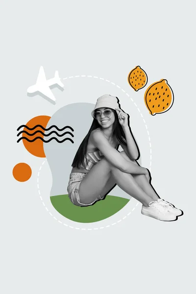 Composite Collage Reisebüro Mädchen Retro Stil Silhouette Sitzt Entspannt Zitronenfrucht — Stockfoto