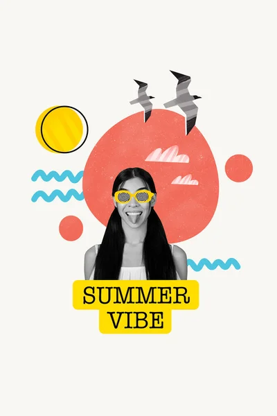 Foto Collage Creativo Chica Excitada Divertida Desgaste Hipnosis Sunglass Resort — Foto de Stock