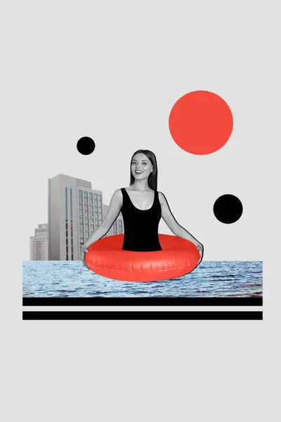 Вертикальний Колаж Молодої Релаксації Жінки Бікіні Плавання Океану Використовують Надувний — стокове фото