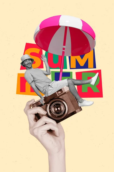 Vertical Banner Collage Funky Man Beach Umbrella Hello Sign Sitting — Stock Photo, Image