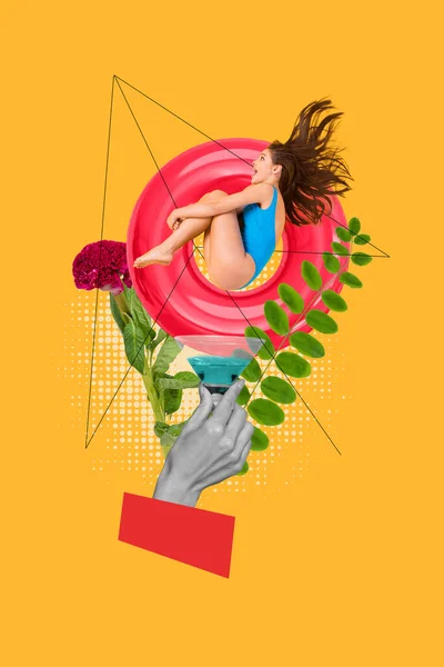 Summertime Collage Concept Photo Jumping Crazy Overjoyed Girl Bikini Finally — Stock Photo, Image