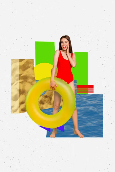 Artwork magazine collage picture of funky sweet lady exciting swimming sea isolated drawing background.