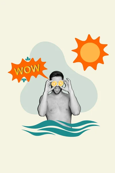 Collage Olas Mar Natación Hombre Alta Temperatura Decir Wow Sol —  Fotos de Stock