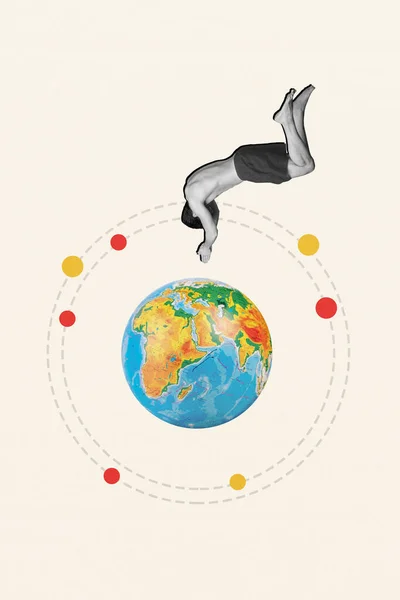 Creatieve Foto Man Springen Trampoline Collage Advertentie Duiken Planeet Aarde — Stockfoto