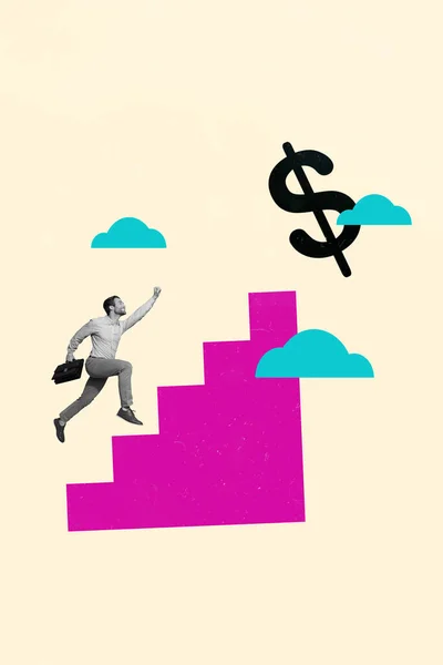 具有创意的3D照片拼贴年轻企业家企业主雄心壮志的男人爬楼梯金融挑战与灰色背景隔离 — 图库照片