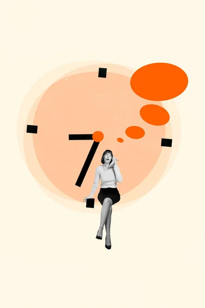 고용주를 실용적 디자인 콜라주 베이지 배경에서 시계의 시간을 확신하는 고용주 — 스톡 사진