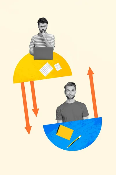 Vertikal Bild Collage Pinup Två Killar Affärskollegor Tankeväckande Användning Laptop — Stockfoto