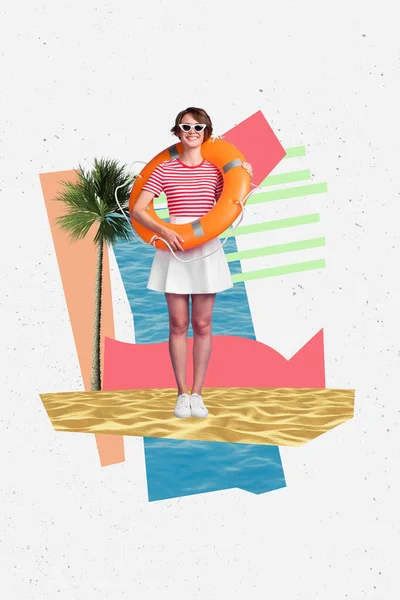 Colagem Arte Gráfica Imagem Sorrir Senhora Feliz Trabalhando Praia Salva — Fotografia de Stock