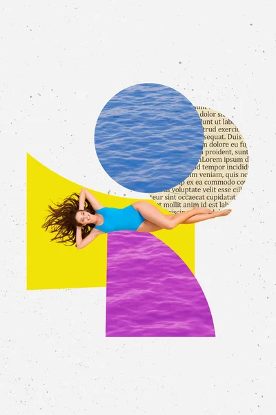 Foto Collage Kunstwerk Minimales Bild Von Glücklich Lächelnde Dame Sonnenbaden — Stockfoto