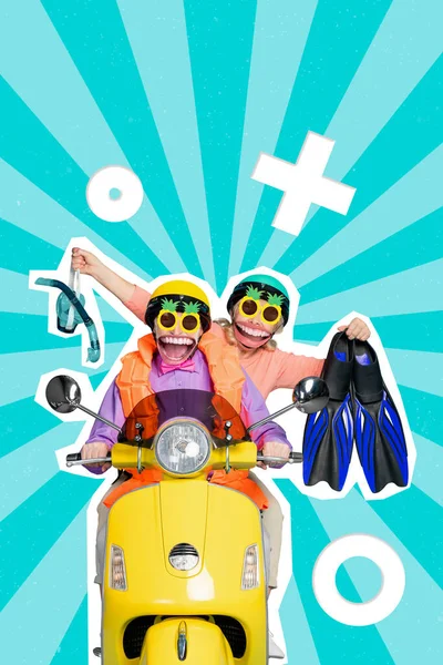 Collage Artwork Graphics Picture Big Mouth Funky Couple Riding Hurrying — Stock Photo, Image