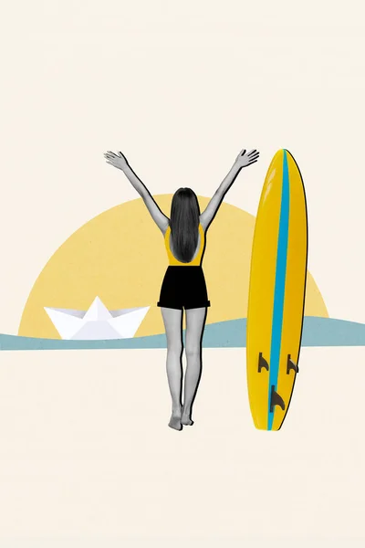 Arkaya Bakan Genç Kadının Kolaj Resmi Sallıyor Elveda Sörf Tahtası — Stok fotoğraf