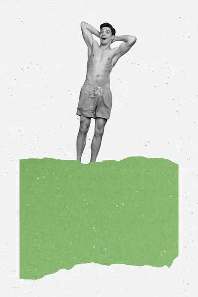 垂直コラージュ写真の興奮した正の黒のガンマ男手後ろ頭泳ぐショートパンツ孤立した上の創造的な白の背景 — ストック写真