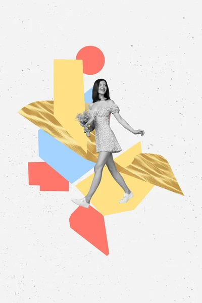 Verticale Collage Afbeelding Van Zwart Witte Kleuren Meisje Houden Verse — Stockfoto