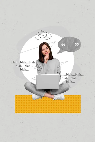 Collage Eftertänksam Smart Kvinna Använder Netbook Touch Haka Nyfiken Idé — Stockfoto
