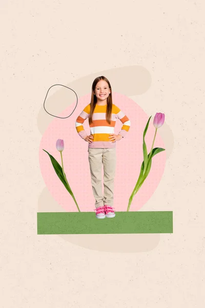 Vertikale Pinup Collage Bild Von Kleinen Hübschen Mädchen Vorschulalter Erkunden — Stockfoto