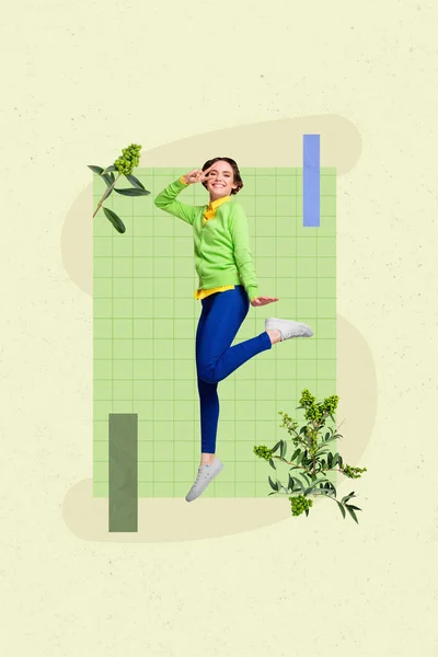 創造的な3D写真アートワークグラフィックコラージュ絵画の面白いかわいい女性ショーVサインカバー目隔離された緑の背景 — ストック写真