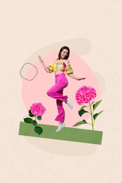 Criativa Abstrato Modelo Gráfico Colagem Imagem Despreocupado Encantador Senhora Dançando — Fotografia de Stock