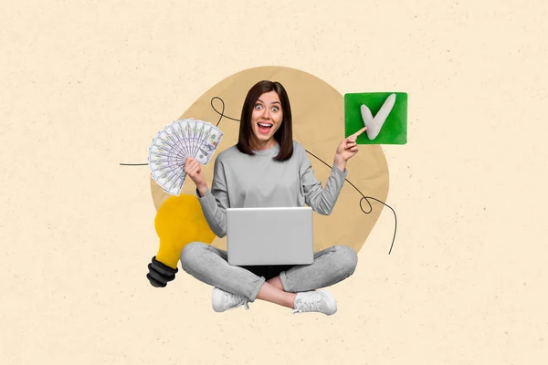 Creative Illustration Collage Photo Successful Ecstatic Satisfied Girl Sit Laptop — Stock Photo, Image