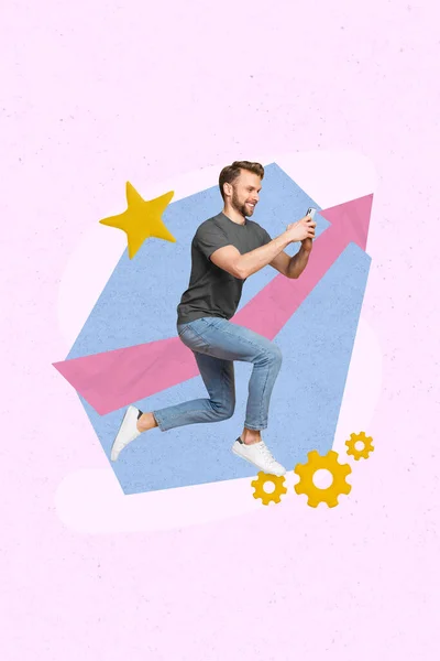 Creative retro 3d magazine collage image of excited guy achieving blogging success isolated colorful pink background.