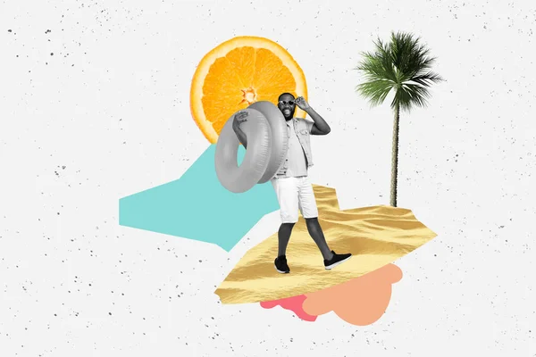 杂志图片拼贴图片兴奋的家伙享受柑橘片阳光隔离的创作背景 — 图库照片
