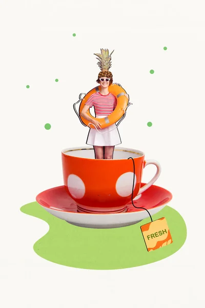 Colagem Criativa Ananas Lifebuoy Menina Tampão Frutas Copo Chá Quente — Fotografia de Stock